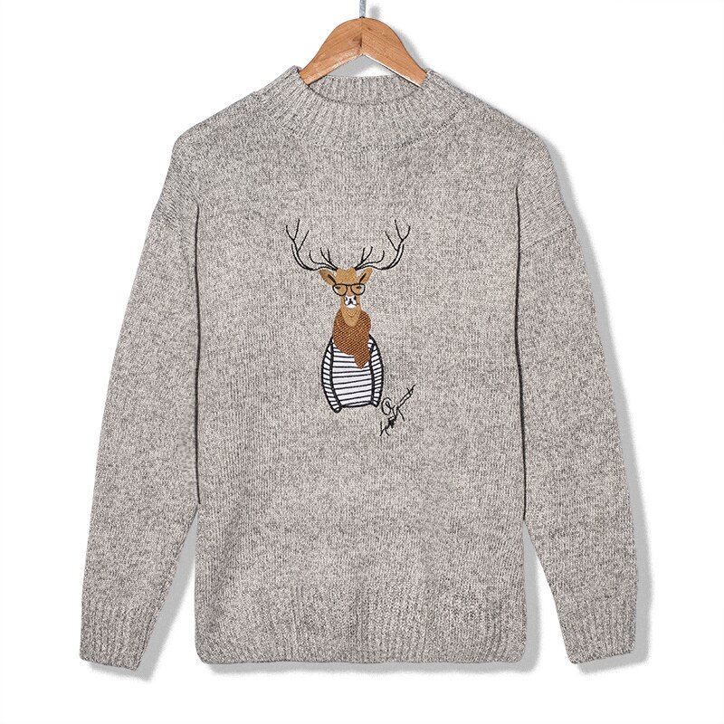 Hellenwoody a &amp; w pullovers de malha masculina casais natal rena animal impressão calor do homem lã-mistura casual o-pescoço camisola: grey / S