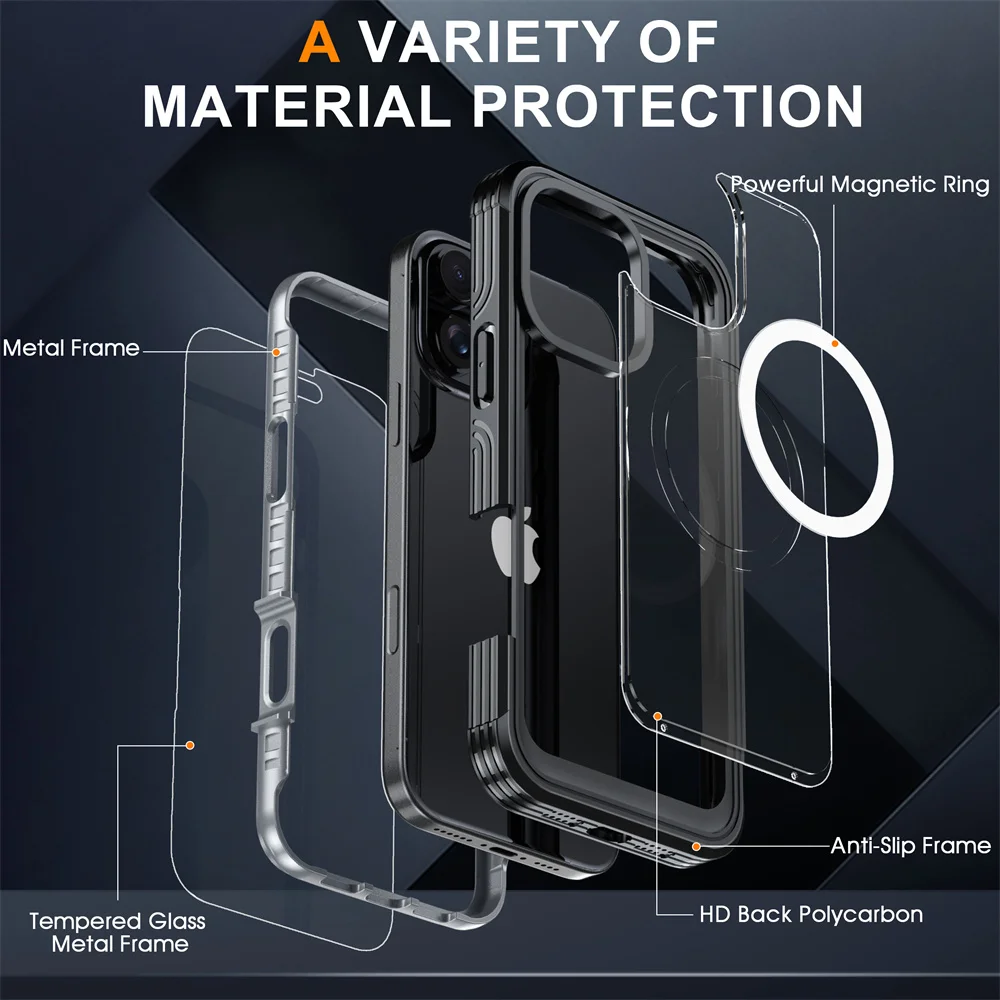 Full Body Bescherming Magnetische Case voor iPhone 16 Pro Max 16e 15 Plus Cover Gehard Glas Magsafe Schokbestendig Fundas Coque Capa
