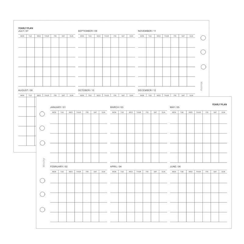 5 Sheets Yearly Planner Monthly Schedule Refill Papers A5 A6 Three Fold Refills for 6 Hole Binder Organizer Notebook Papers: A6-95X173mm