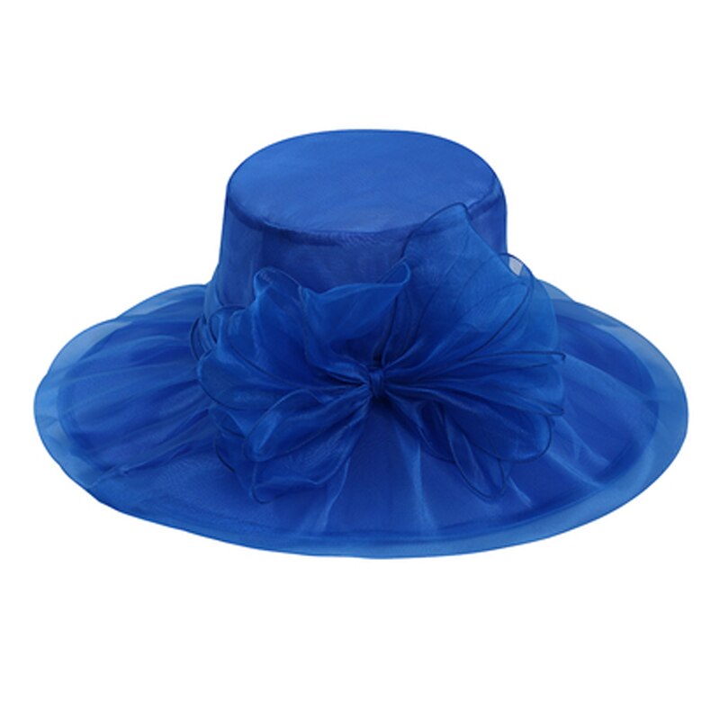 Sombreros de Organza de ala ancha para mujer, sombreros para la Iglesia, sombreros para el sol con flores grandes, plegables, color blanco y rosa, color púrpura: Blue