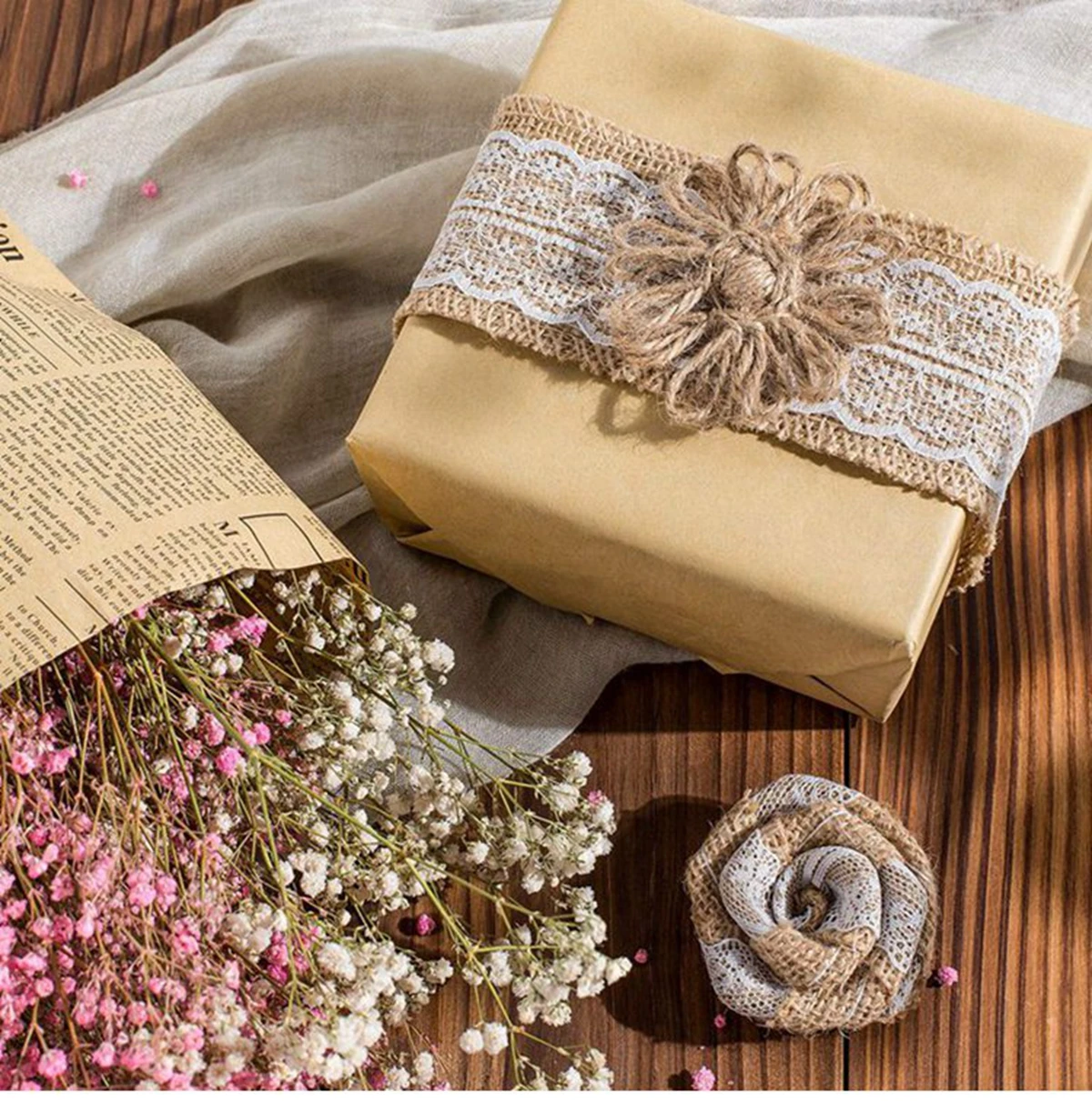 Cinta de encaje de arpillera de yute Natural de 2 metros y 5cm con borde de encaje blanco, decoración rústica de boda para boda, cintas artesanales con lazo DIY