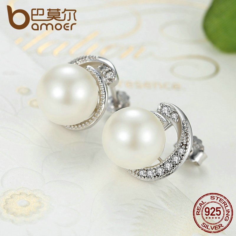 BAMOER Pearl Earrings Jewelry 925 Sterling Silver White Pearl Push-back Stud Earrings For Women Jewelry SCE021