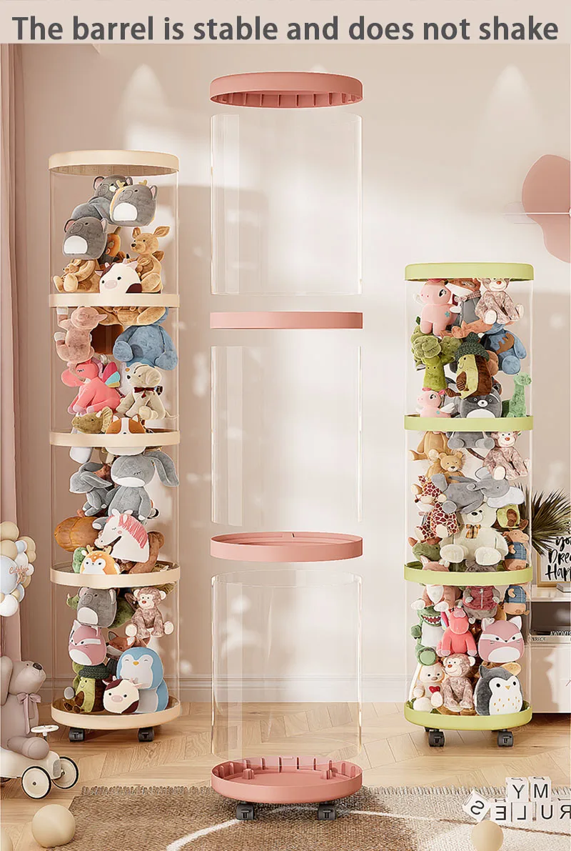 Seau en peluche, boîte à jouets pour enfants, conteneur de rangement de poupée, cylindre Transparent, Tube de rangement étanche à l'humidité, organisateur avec roues