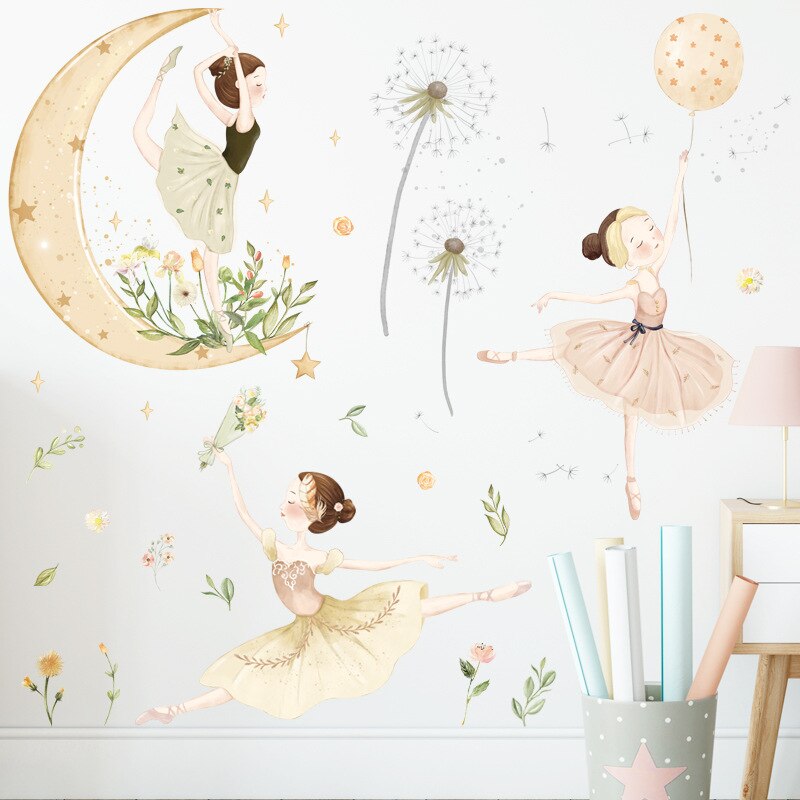 Pegatinas de pared para el hogar, calcomanías de decoración de sala de estar, Mural, Luna, estrella, baile, niñas, papel tapiz de vinilo autoadhesivo extraíble DIY: Default Title