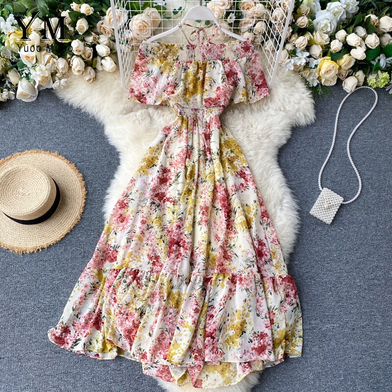 Yuoomuoo Bohemian Zomer Off Shoulder Bloemenprint Jurk Vrouwen Elegante Ruches Chiffon Lange Jurk Boho Mode Strand Jurk