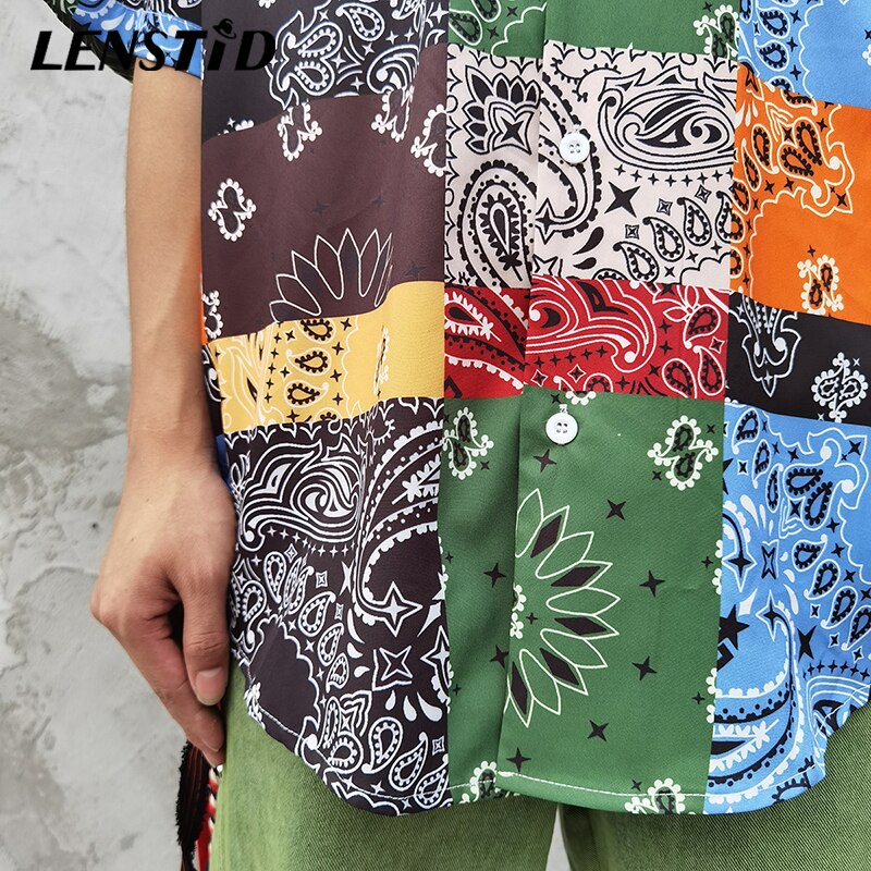 LENSTID Mens Hip Hop Cashew Print Color Block Hawaiian Shirt Harajuku Streetwear Beach Shirt Summer Short Sleeve Oversize Shirts