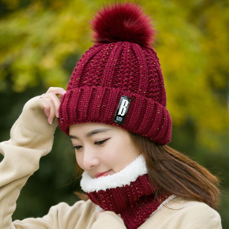 Winter gebreide mutsen dames dikke warme muts skullies muts dames gebreide letter muts mutsen mutsen outdoor rijsets: Hoed en sjaal c