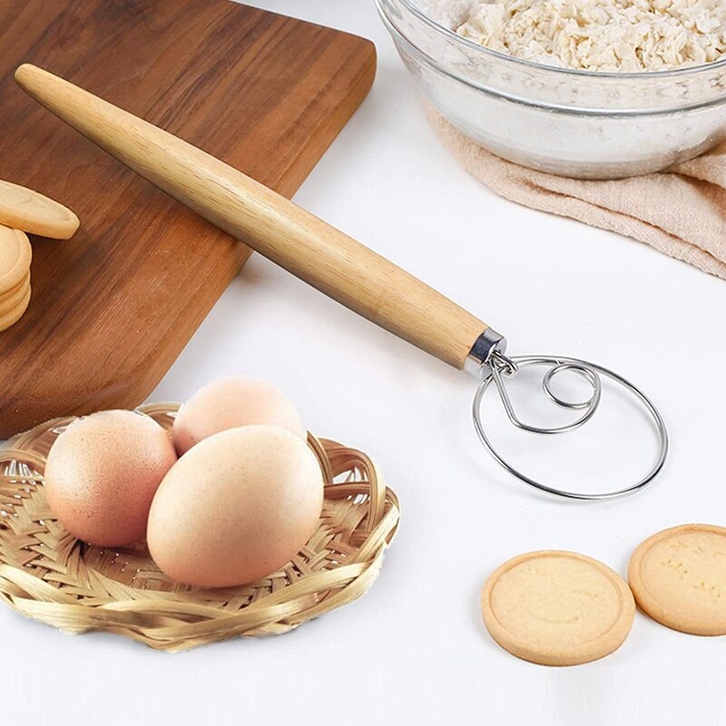 2Pcs Danish Dough Whisk, 13 Inch Stainless Steel Dutch Whisks, Wooden Danish Whisk, Whisk Kitchen Tool for Bread, Batter