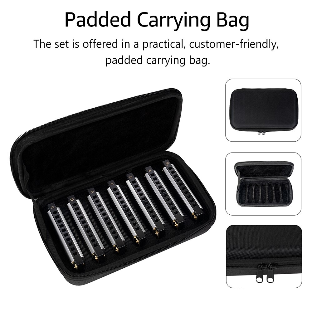 Naomi förseglade 7 st munspel bluesband munspel set (c, d, e, f, g, a, bb nycklar ) 10 hål med vadderad bärväska