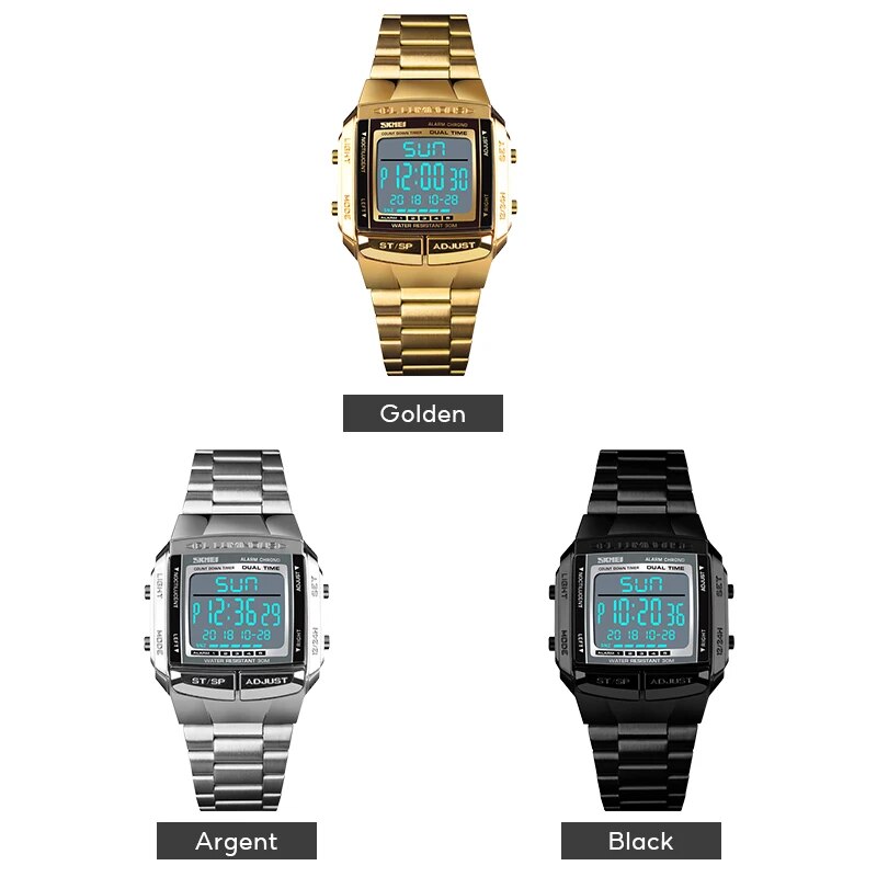 Skmei digitale sporthorloge voor heren met achtergrondverlichting, roestvrijstalen band, wekker, aftelfunctie en glazen spiegel, polshorloge