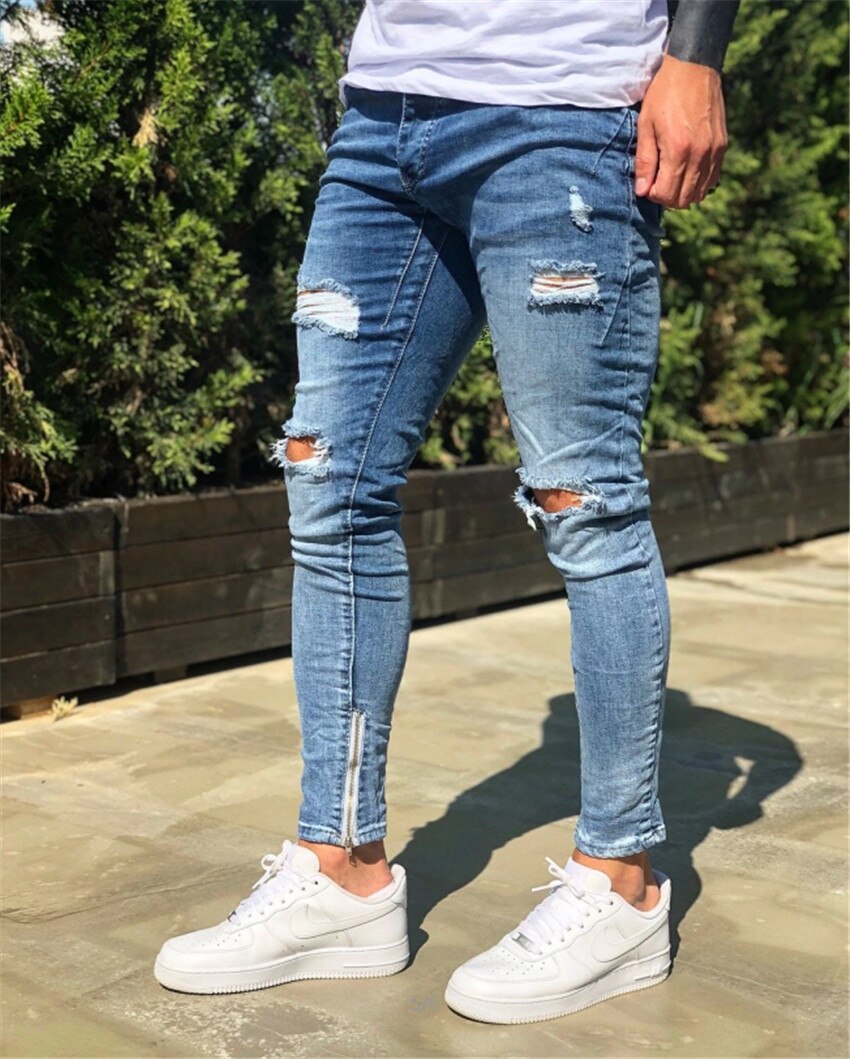 Jean en Denim déchiré et détruit pour Homme, pantalon Streetwear, style Hip hop, slim, Punk, longueur cheville,