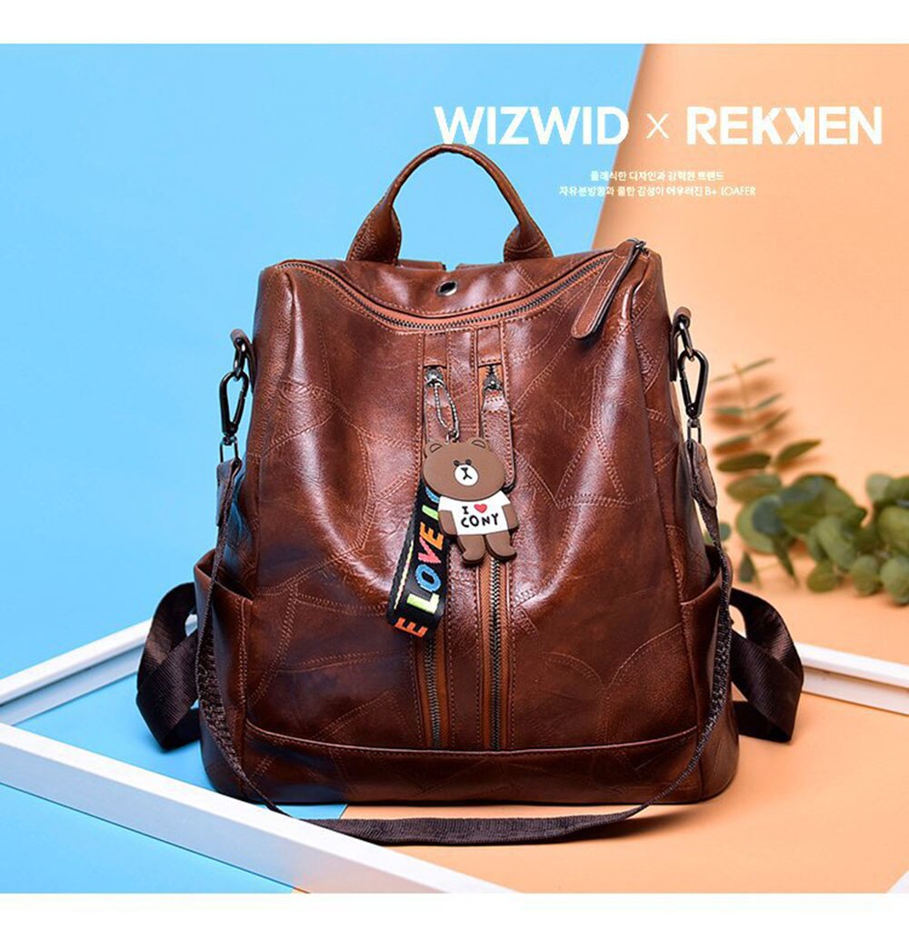 Vandtæt pu læder dametaske kvindelige ungdomsrejserygsække multifunktionel skoletaske feminina skole mochila -pakke: Brun