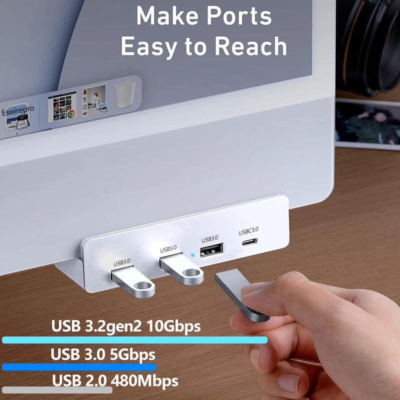 10Gbps USB HUB Clamp USB3.2/3.0/2.0 Splitter Adapter for IMac Macbook Lenovo Desktop PC Accessories Usb Extension Hub Clip