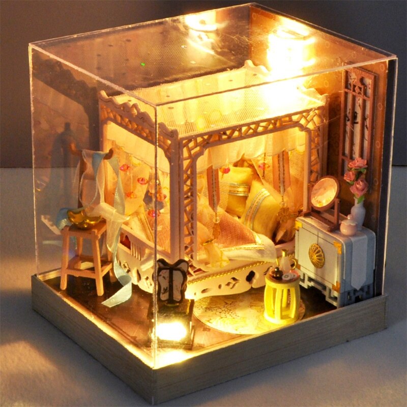Dockhus miniatyr med möbler, diy hus kit plus dammtät  , 1:24 liten hus byggnad kit ， (kinesiska antika）
