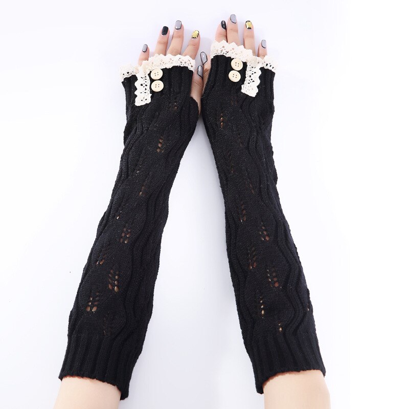 Herfst Winter Mode Handschoen Jaar Kant Knop Gebreide Garen Warm Houden Vingerloze Half Vinger Lady Vrouwen Arm Lange handschoenen: black