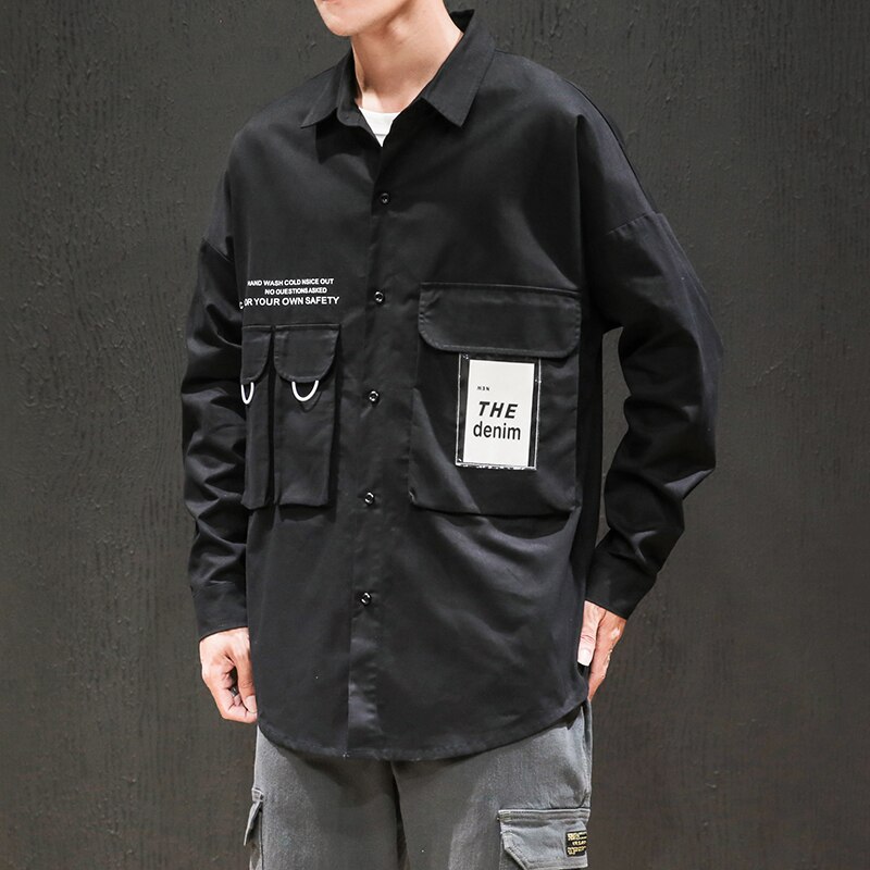 Zazomde sorte skjorter oversize hip hop streetwear casual mærke skjorte herre langærmede løst forår efterår korea tøj: 102 sorte / Xxl