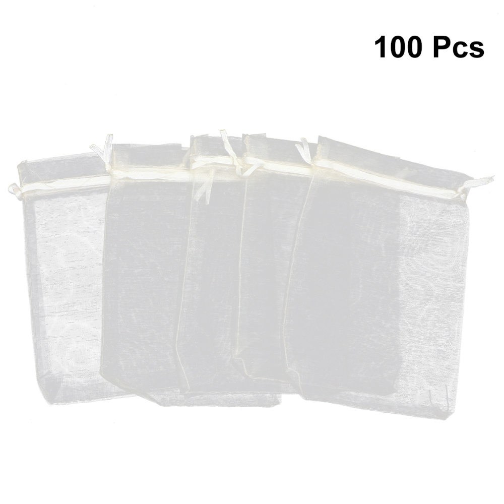 100 pçs drawstring organza fios sacos de presente sacos de embalagem doces bolsos sacos de doces de casamento sacos de armazenamento (bege)