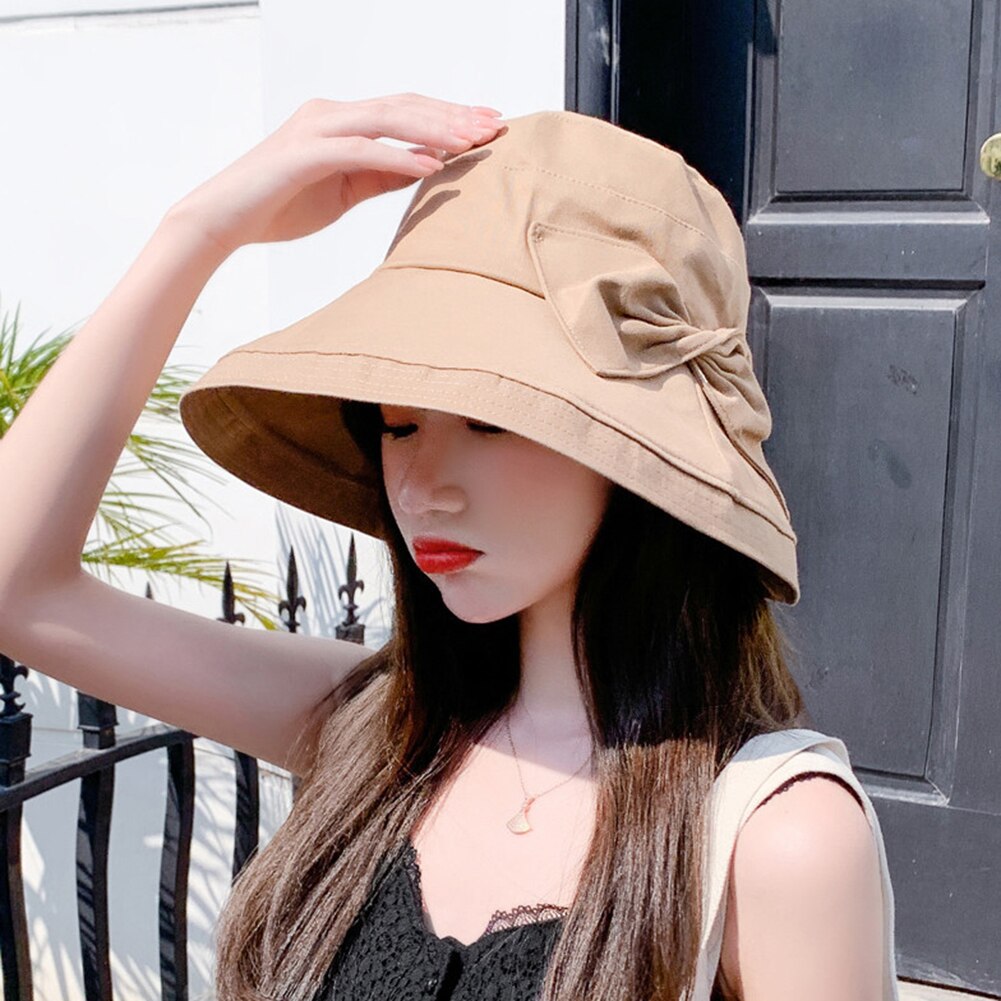 Women Solid Color Bowknot Wide Brim UV Protection Summer Sun Hat Bucket Cap