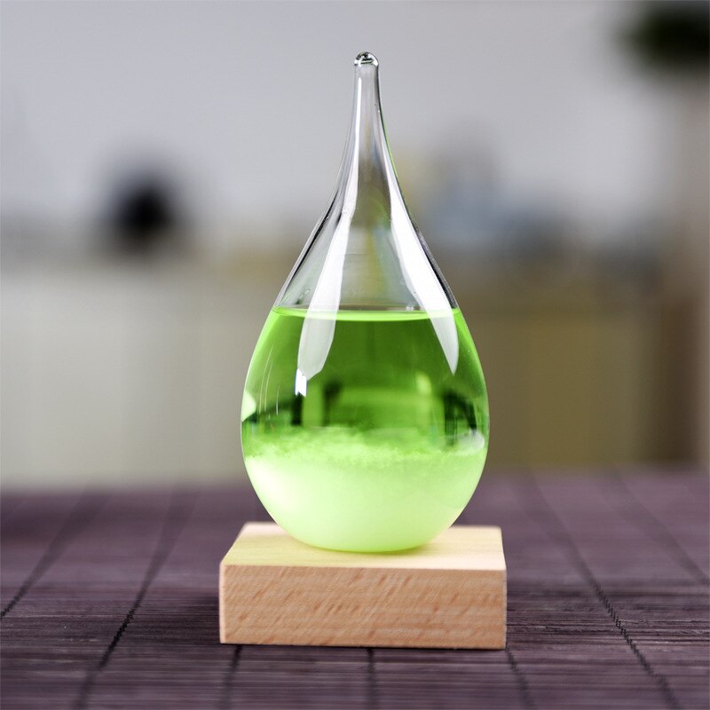 Sturm Glas Anzeichen nasser Prognose Dekorative Barometer Tropfen-Förmigen Kleine Flasche mit Holz Basis VA88: Grün