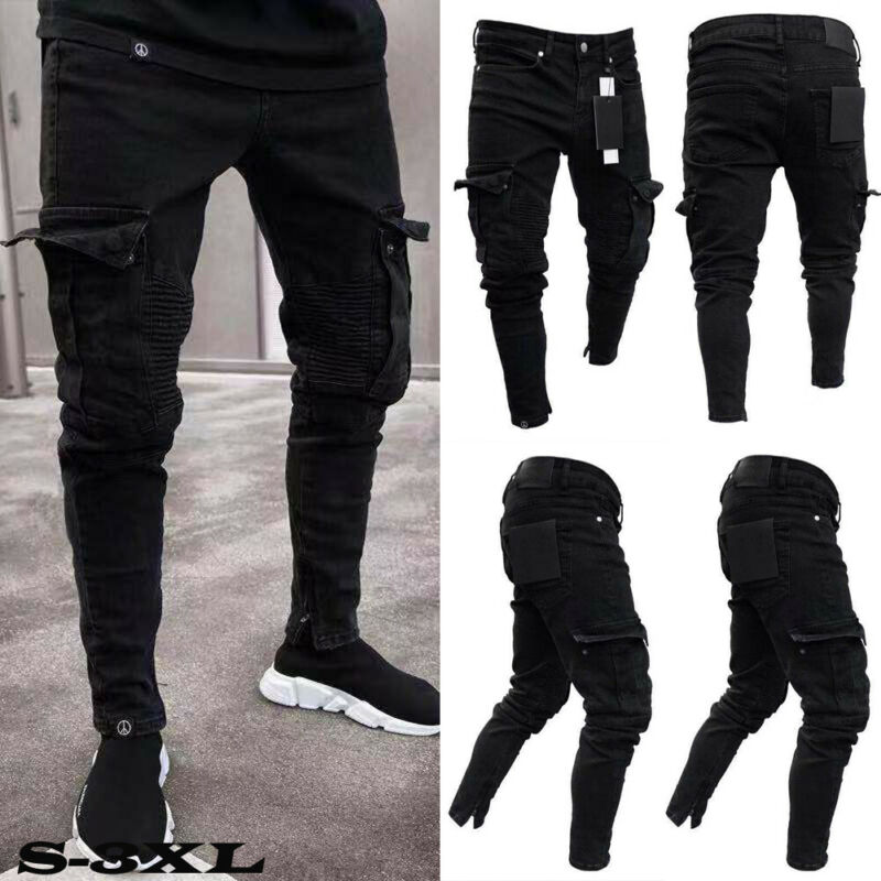 Black Jean Men Denim Skinny Biker Jeans Destroyed Frayed Slim Fit Pocket Cargo Pencil Pants Plus Size S-3XL Hip Hop