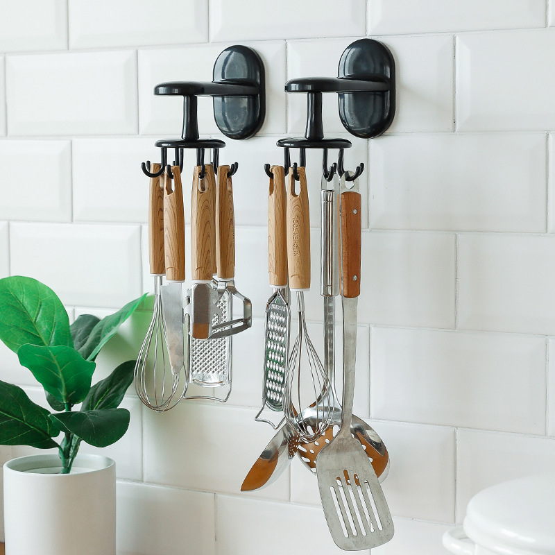 Wall-mounted Kitchen Hooks Spatula Spoon Kitchen Utensils Storage Rack Shelf 360 Degrees Rotated Hook Save Space Hanging Holder