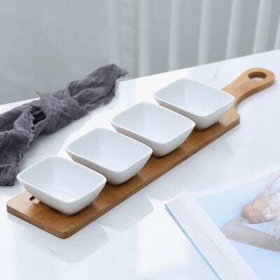 Bandeja de cerámica de estilo japonés para fruta, vajilla creativa de bambú Natural para aperitivos, frutos secos, postres y salsa: F