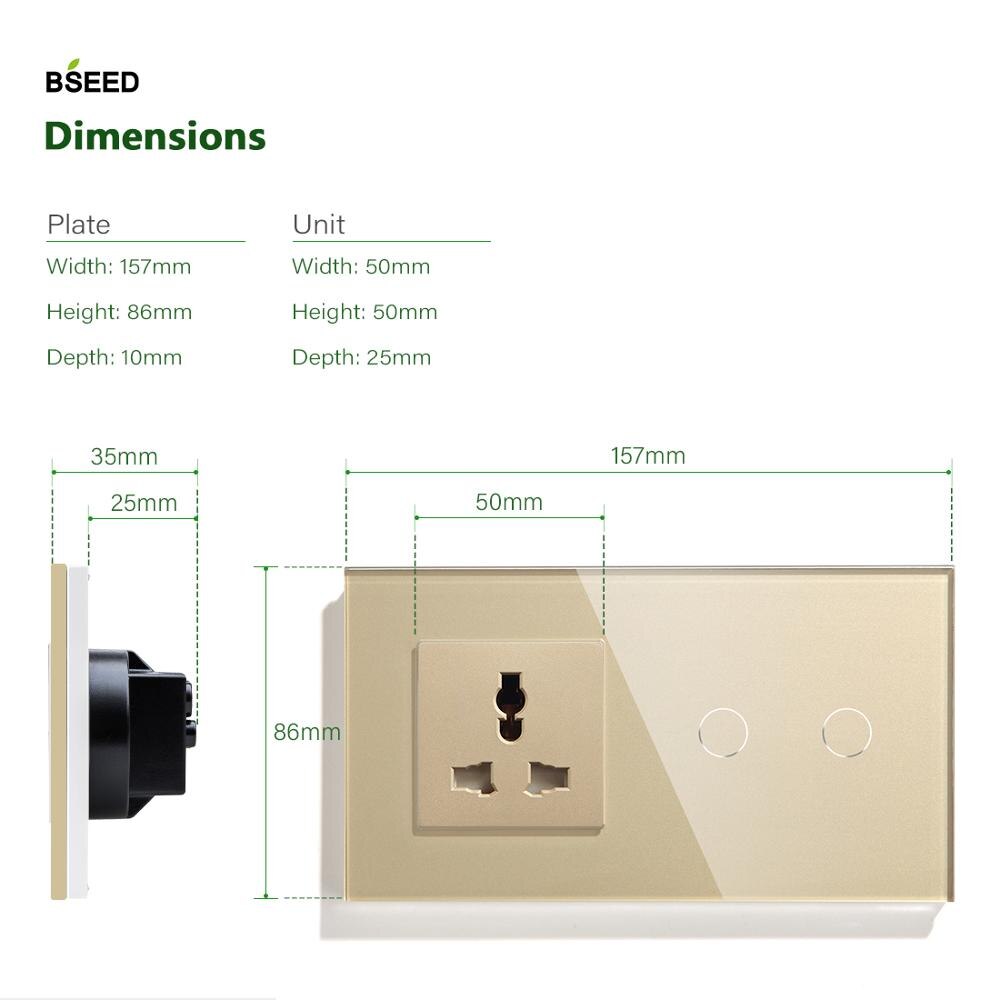 BSEED EU Touch Switch 2 Gang 1 Way 2 Way Wall Switch 157mm With Multifunction Socket Crystal Glass Panel White Black Gloden