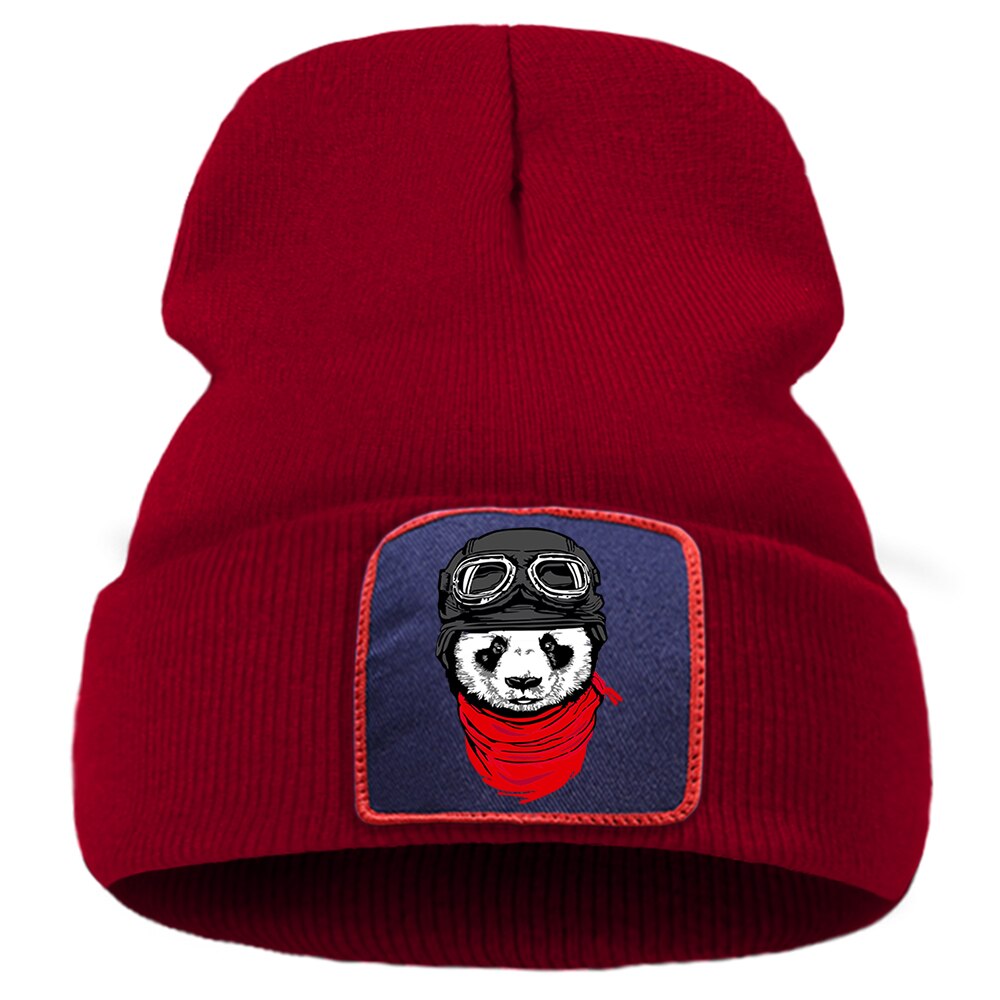 Dejlige dyre hue hue udendørs harajuku panda print strikket kasket unisex åndbar kasket kasketter varm bomuld afslappet skullies hat: Vinrød 6