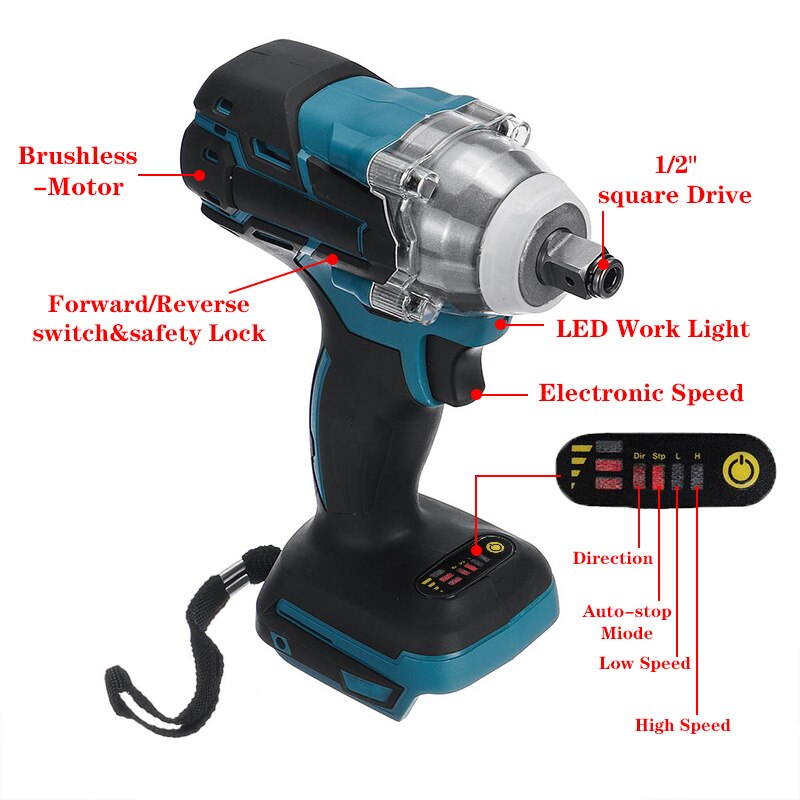 18V Impact Wrench Brushless Cordless Electric 1/2 Socket Wrench Power Tool 520N.m Torque Rechargeable For Makita Battery