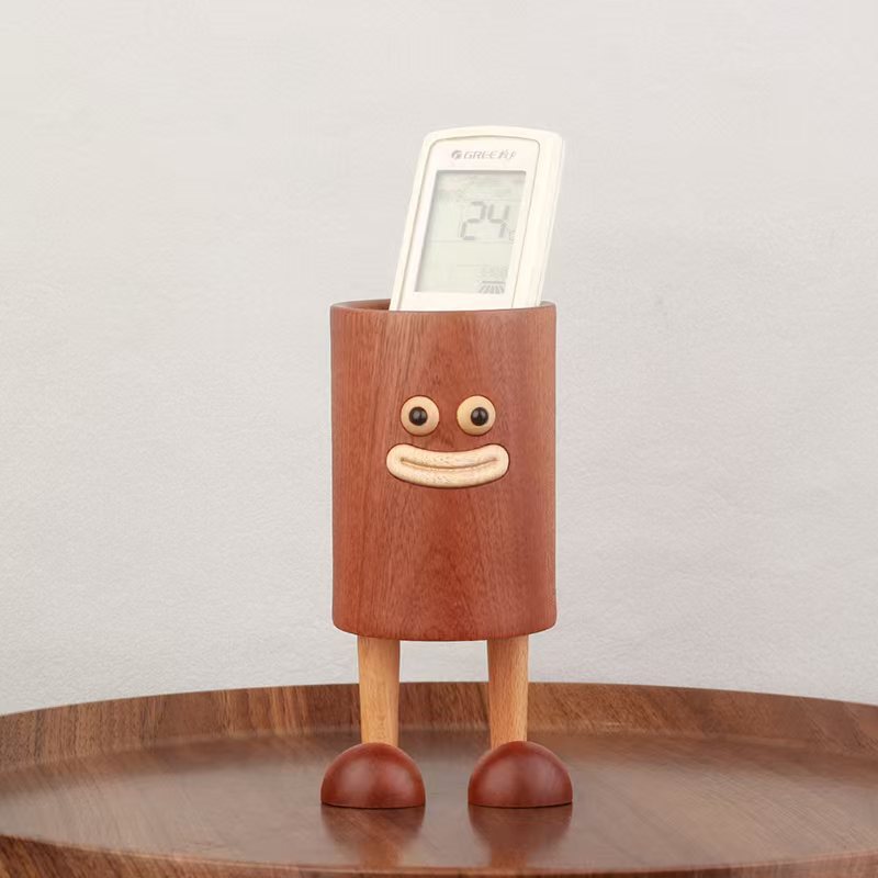 HeMu Cute Cartoon Wooden Pen Holder with Legs, Smiley Face Desk Organizer for Pens, Pencils and Makeup Brushes