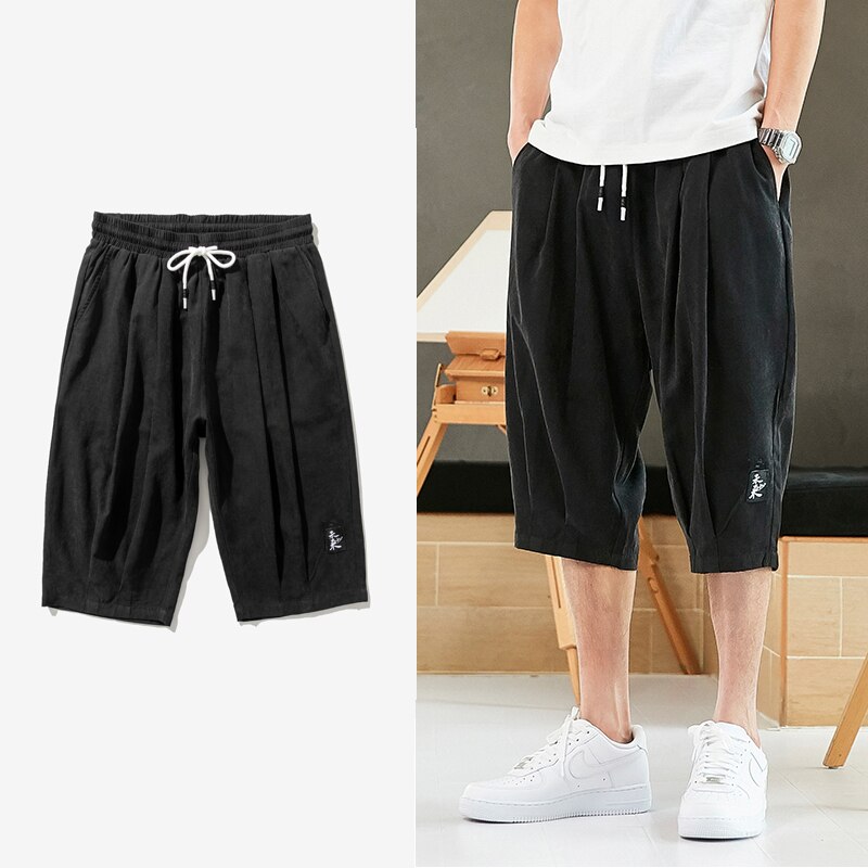 Plus Size Summer Harem Pants Men Short Joggers Chinese Style Calf-Length Casual Baggy Pants Male Capris Trousers 8XL: L / black