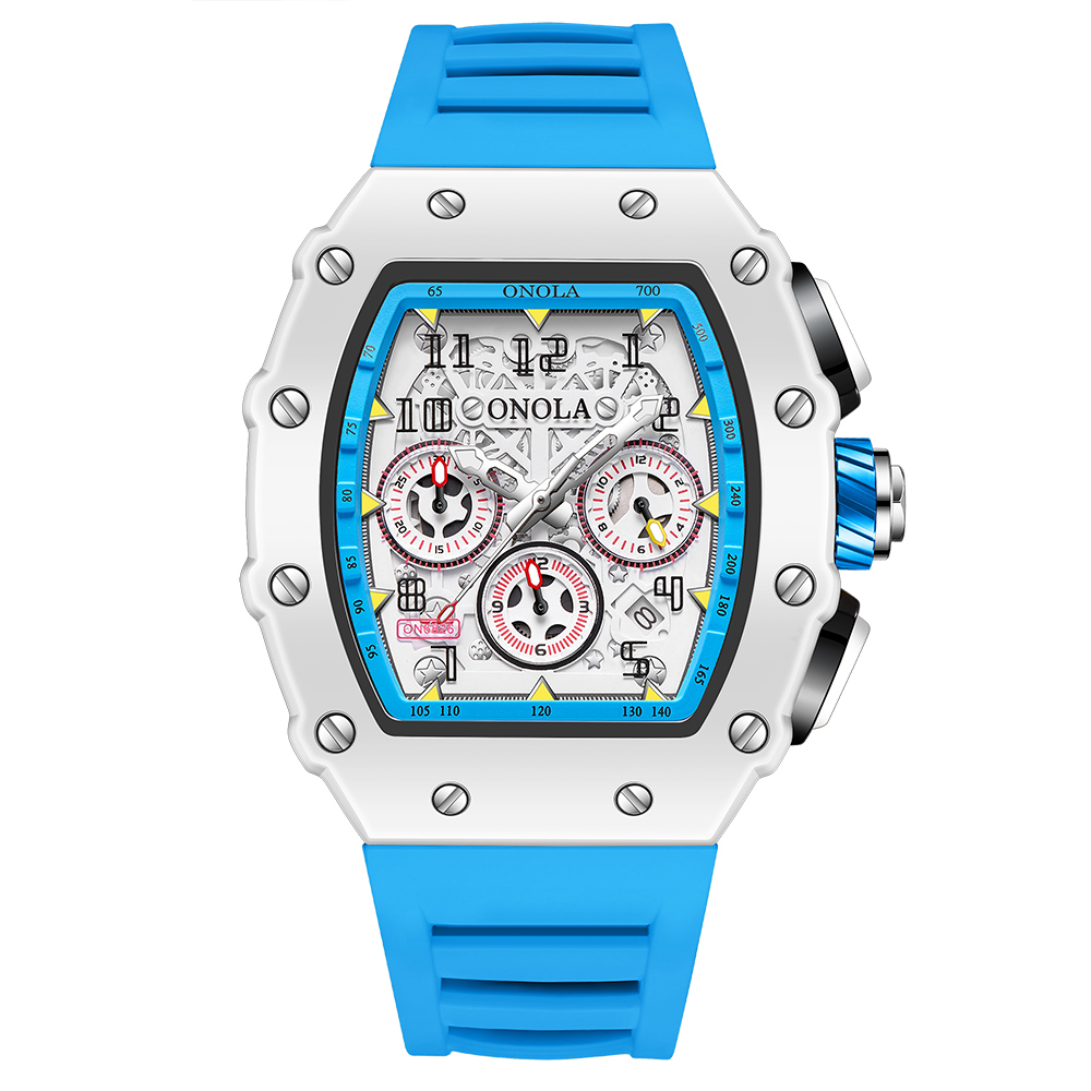 ONOLA Uhren für Herren, modisch, lässig, Tonneau, multifunktional, weiches Silikonarmband, wasserdicht, weiße Quarz-Herrenuhr, Reloj Hombre: Blau