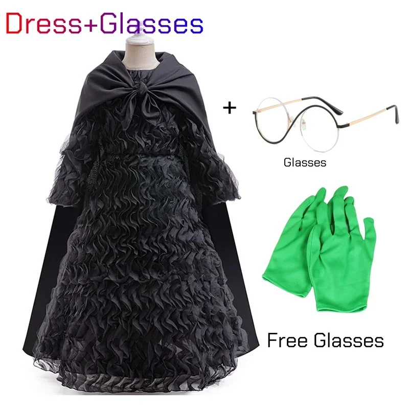 Malvado elphaba traje de halloween bruxa cosplay preto babados vestido manto luvas chapéu pontiagudo vestido da menina