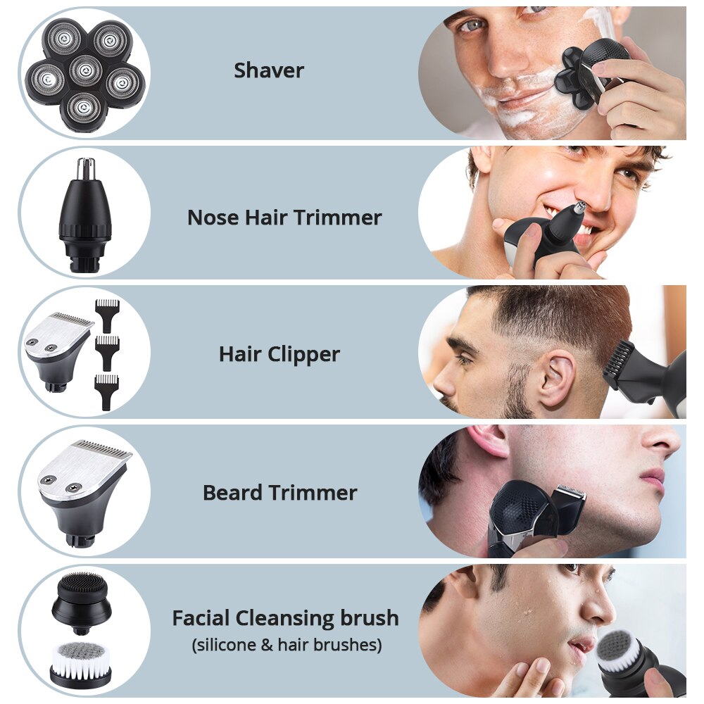 5 In 1 4D Men's Rechargeable Bald Head Electric Shaver 5 Floating Heads Beard Nose Ear Hair Trimmer Razor Clipper Facial Brush