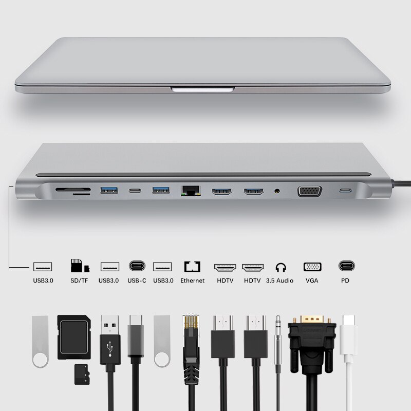 Hub usb c, 12-em-1 tipo-c dongle adaptador (4k duplo hdmi & vga, 87w pd) docking station com leitor de cartões sd/tf para windows & macbook