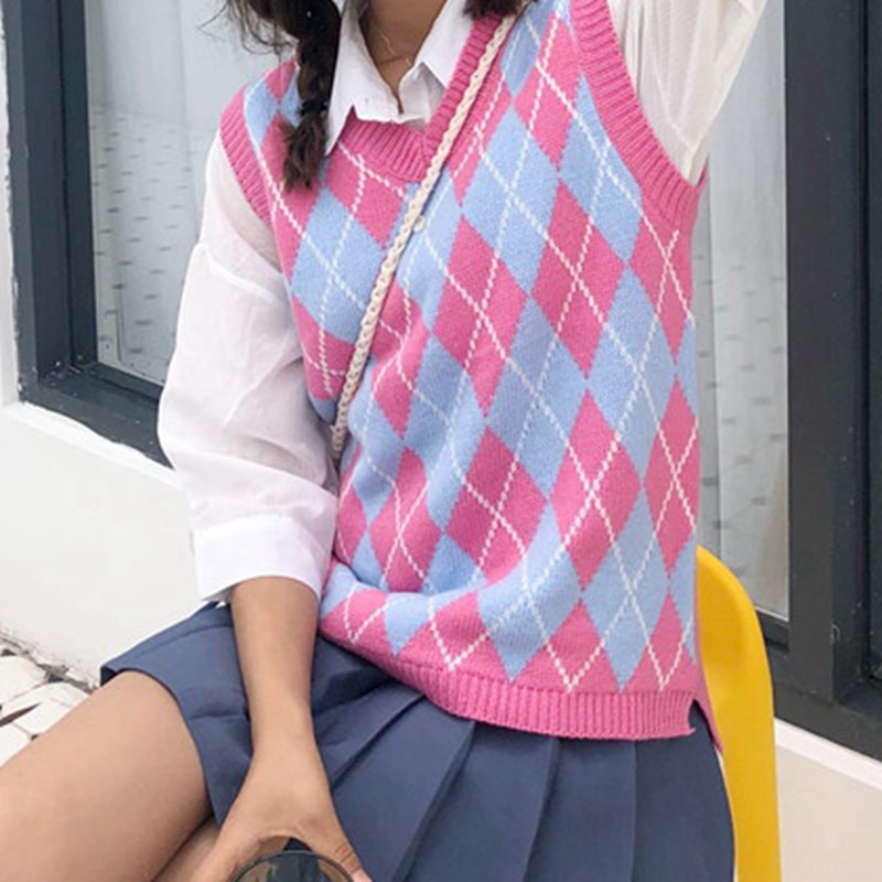 Muyogrt Vintage Argyle Sweater Vest Casual Tank Tops Pullover Elasticity Sweater Autumn Women Sleeveless V-Neck Knitted Vest