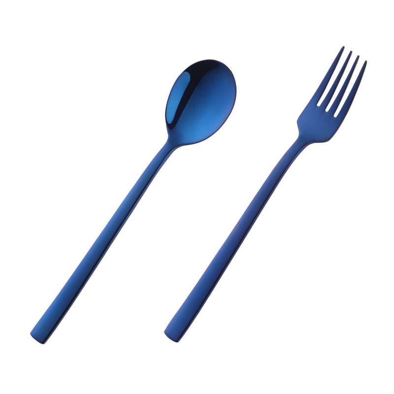 2PC Korean Spoon and Fork Set Stainless Steel Soup Spoon Blue Dinnerware With Long Handle Metal Gold Spoon And Fork: Blue 1 Set