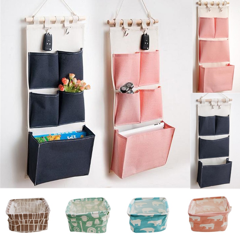 Canvas Printing Cotton Linen Hanging Storage Bag 5 Pockets Wall Mounted Wardrobe Hang Bag Wall Pouch Cosmetic Toys Organizer