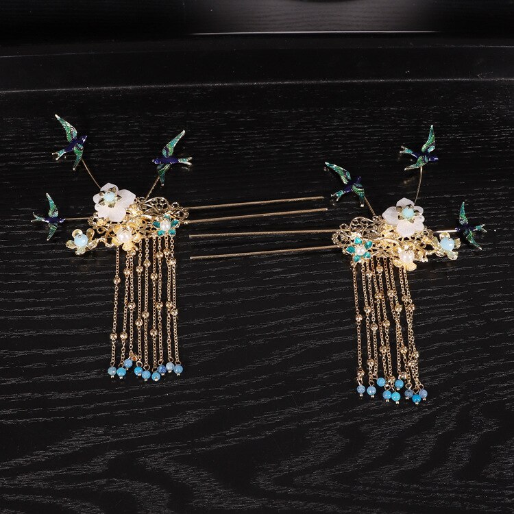 Sposa cinese accessori per capelli blu Costume copricapo Phoenix corona nappa orecchini gioielli Set gioielli per le donne