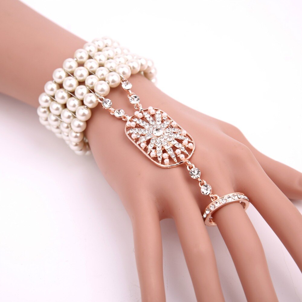 1920s Great Gatsby Party Costume Accessories Set 20s Flapper Art Deco Headband Pearl Bracelet Ring Hand Accessories 2 Pcs Set