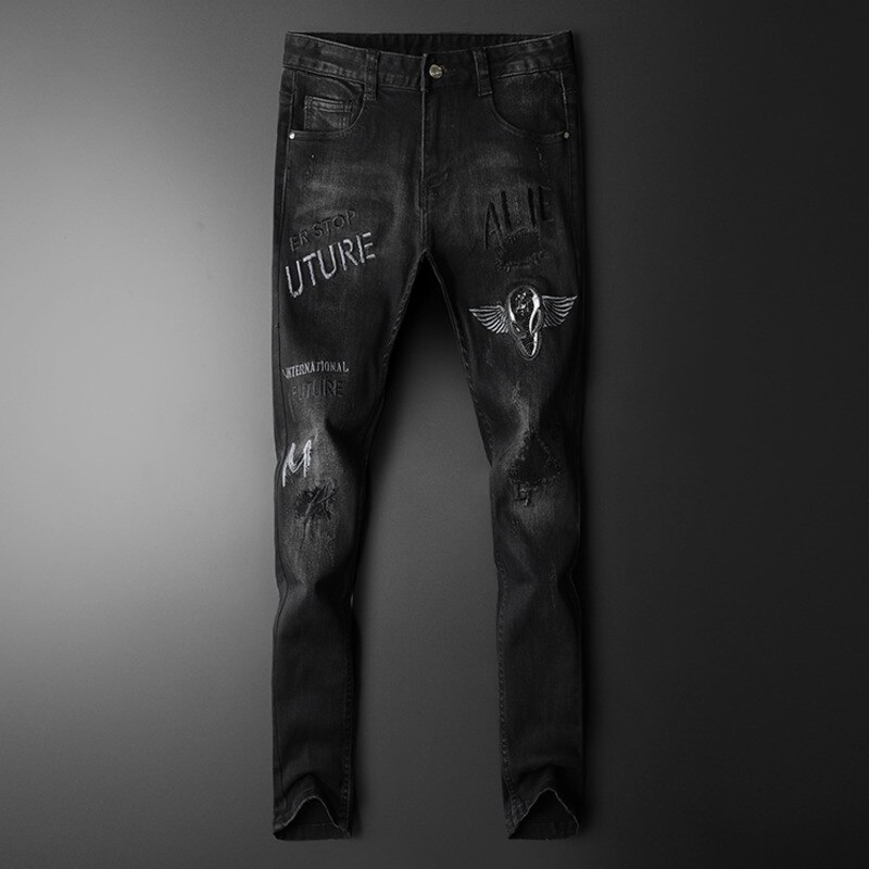 Black Spring Men Holes Jeans European High Street Motorcycle Biker Jeans Men Hip Hop Ripped Slim Jeans Pants