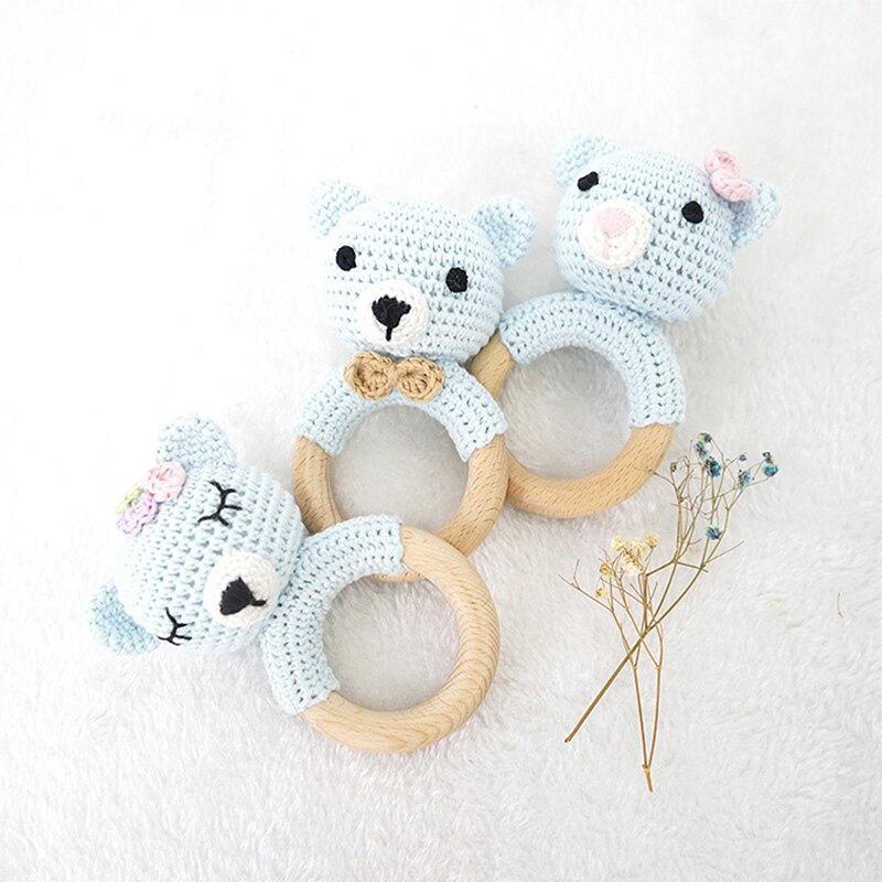 Baby Holz Beruhigende Rasseln Spielzeug Baby Natur Häkeln Handgemachte Gestrickte Rasseln BeißRing Spielzeug Hase Bär Zahnen Ring BeißRing Neue