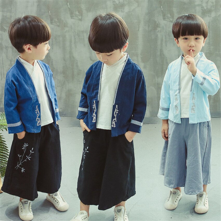 Vêtements traditionnels chinois pour garçons Hanfu enfants Tang Costume à manches longues lin 3 pièces chemise + manteau + pantalon Festival tenue Costume de danse