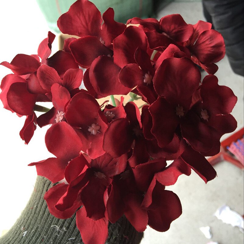 Flores artificiais da seda da flor do buquê da hortênsia com haste livre para o presente da decoração do casamento da casa jan88: wine red