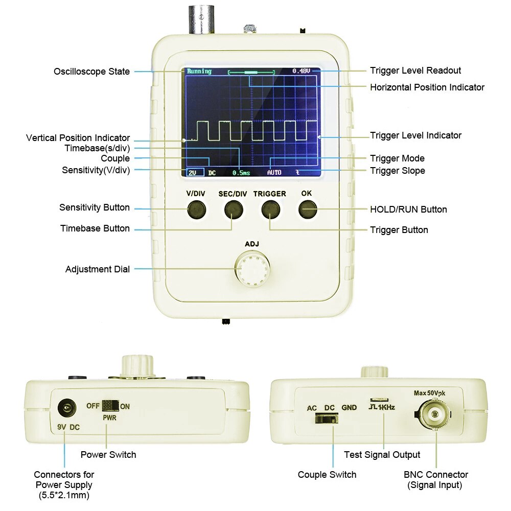 2.4" TFT Digital Oscilloscope With Power Supply BNC-Clip Cable Probe DS0150 (Assembled Finished Machine) Oscilloscope Kit