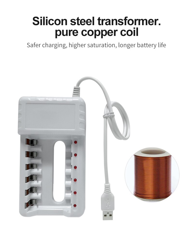PUJIMAX-Adaptador de cargador de batería con 6 ranuras, indicador LED rápido inteligente, Cargador USB para pilas recargables AA/AAA Ni-MH/ni-cd