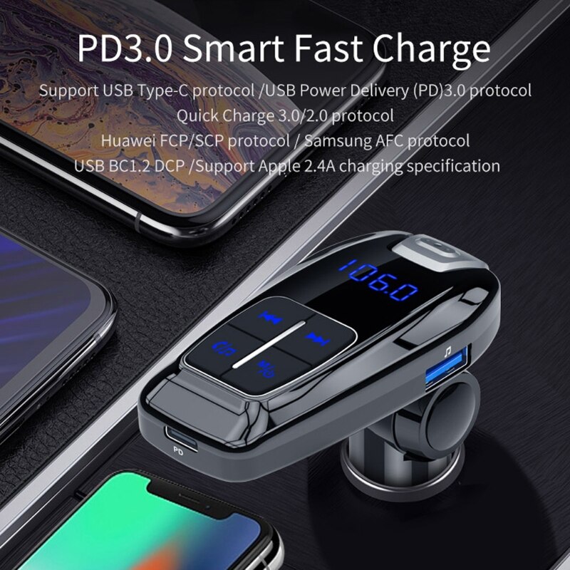 Bluetooth 5.0 Stereo MP3 Player Wireless Handsfree Car Kit Adapter Usb PD3.0 28GC