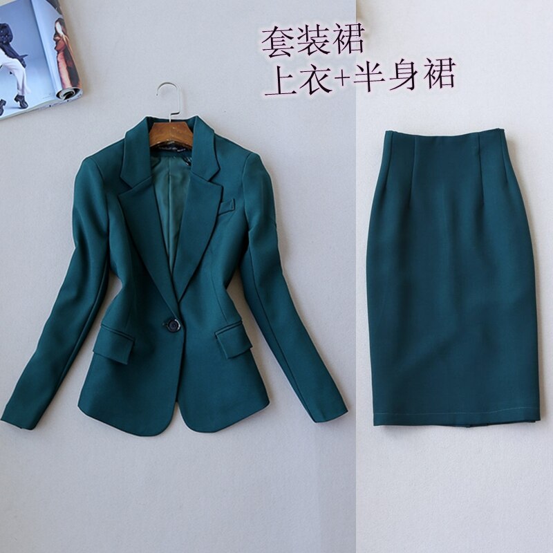 Kontortøj efterår kvinder nederdel jakkesæt elegant kontor dame blazer og nederdel sæt formelt slid todelt nederdel sæt uniform grøn