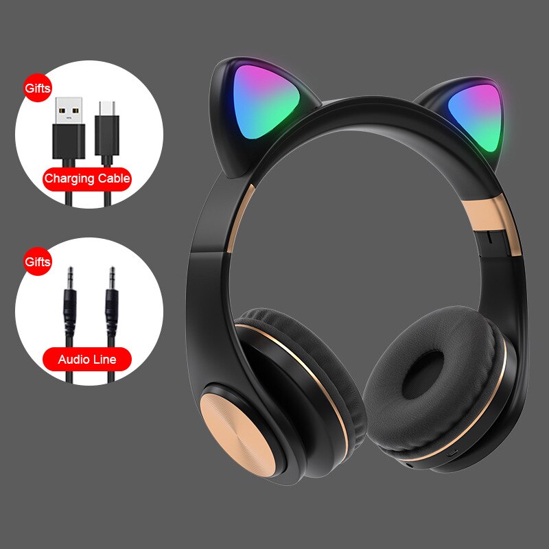 RGB flash light cute cat ear wireless headphones noise reduction headset Bluetooth children's headset with microphone for phone: black