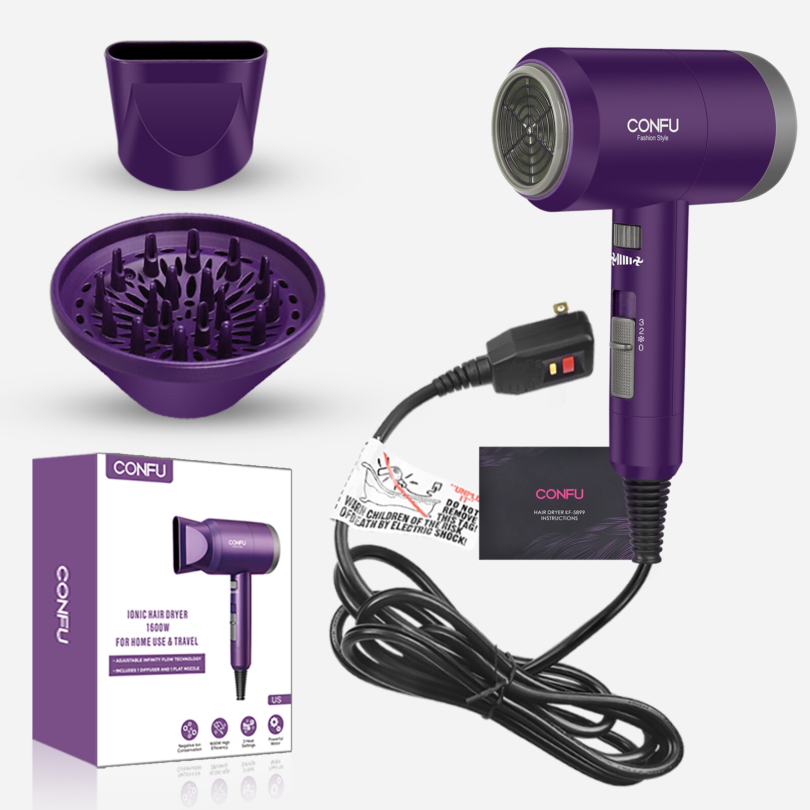CONFU 1600W Hair Dryers Negative Lonic Blow Dryer Lightweight Powerful DC Motor Hairdryer Styling Tools for Travel Household Use